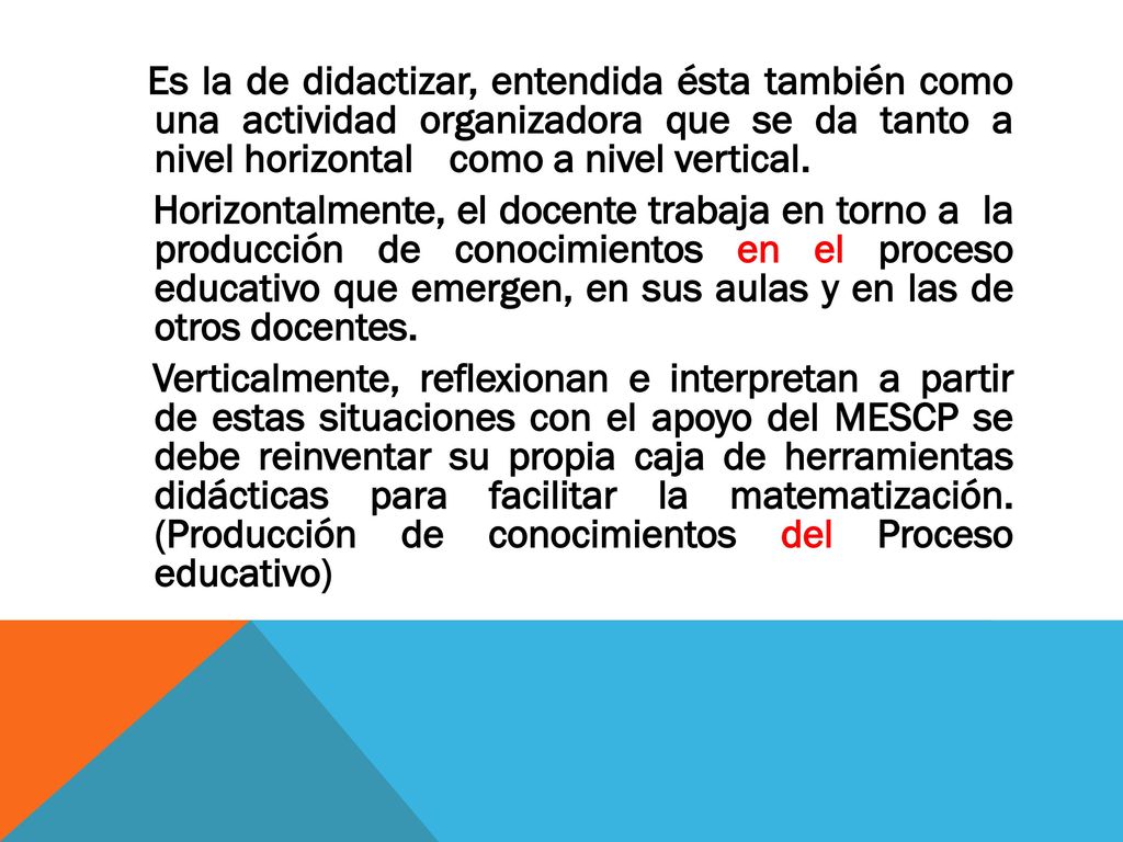 Es la de didactizar, entendida ésta también como una actividad organizadora que se da tanto a nivel horizontal como a nivel vertical.