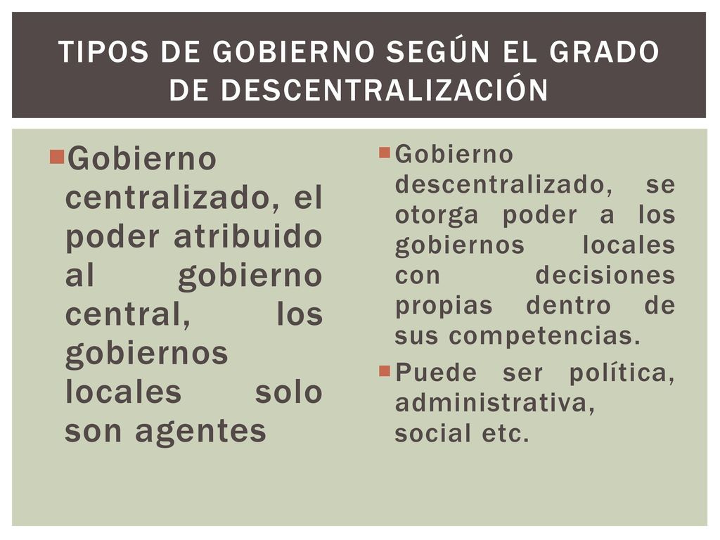 Tipos de gobierno según el grado de descentralización