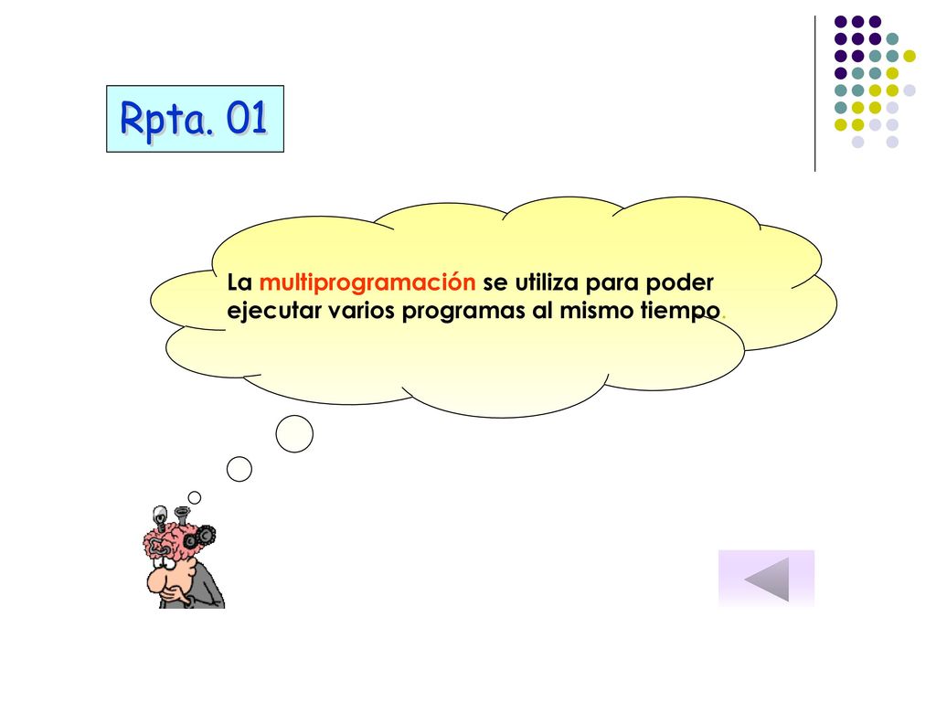Rpta. 01 La multiprogramación se utiliza para poder ejecutar varios programas al mismo tiempo.
