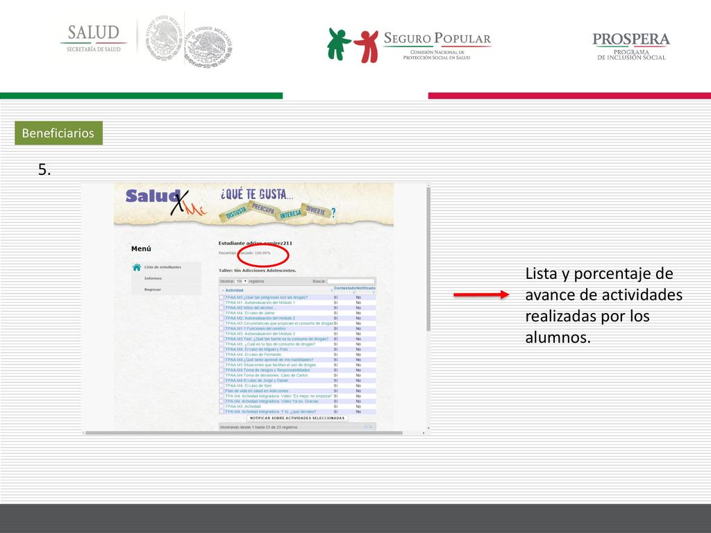 Beneficiarios 5. Lista y porcentaje de avance de actividades realizadas por los alumnos.
