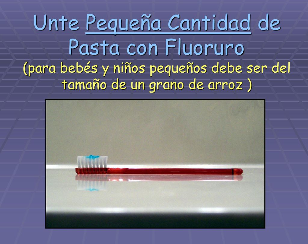 Unte Pequeña Cantidad de Pasta con Fluoruro (para bebés y niños pequeños debe ser del tamaño de un grano de arroz )