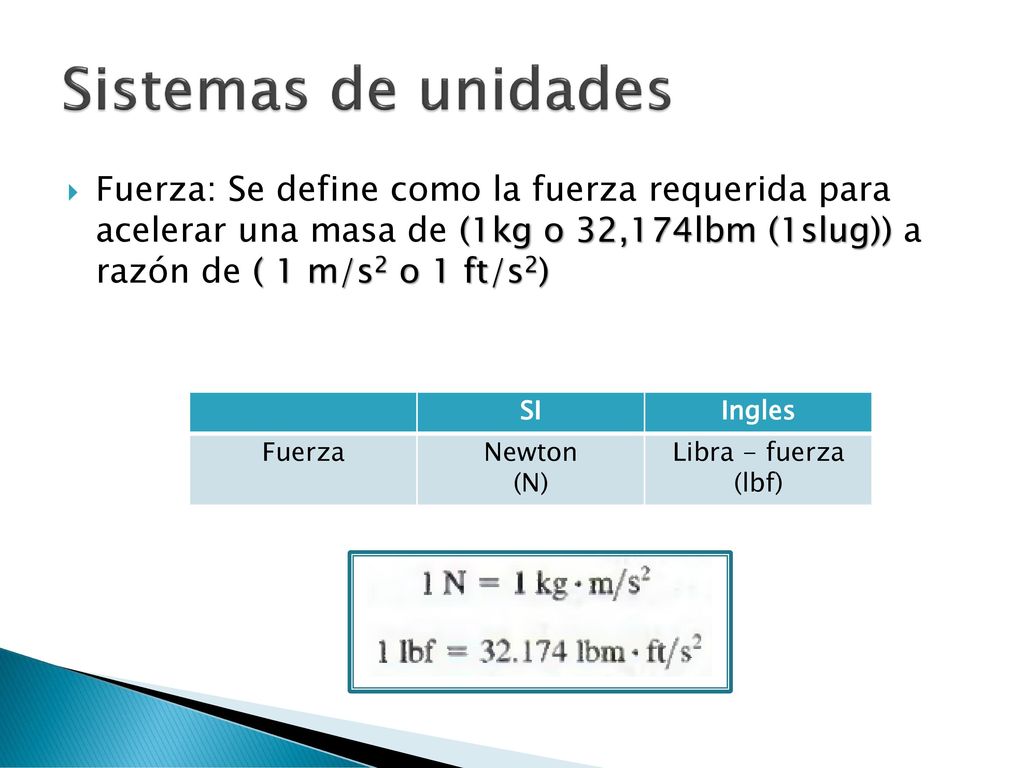 Sistemas de unidades Fuerza: Se define como la fuerza requerida para acelerar una masa de (1kg o 32,174lbm (1slug)) a razón de ( 1 m/s2 o 1 ft/s2)