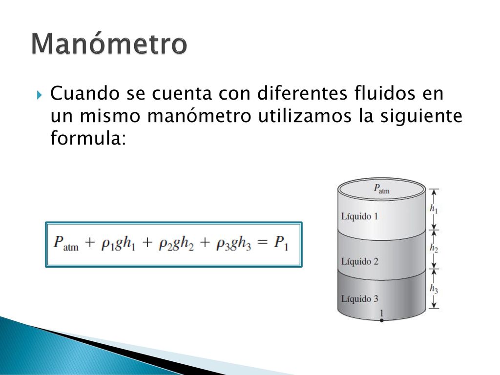 Manómetro Cuando se cuenta con diferentes fluidos en un mismo manómetro utilizamos la siguiente formula: