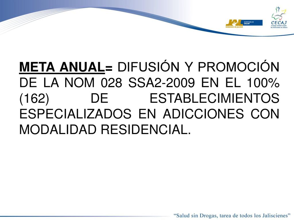meta anual= difusión y promoción de la nom 028 ssa en el 100% (162) de establecimientos especializados en adicciones con modalidad residencial.