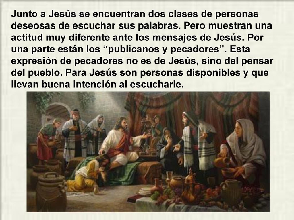 Junto a Jesús se encuentran dos clases de personas deseosas de escuchar sus palabras.