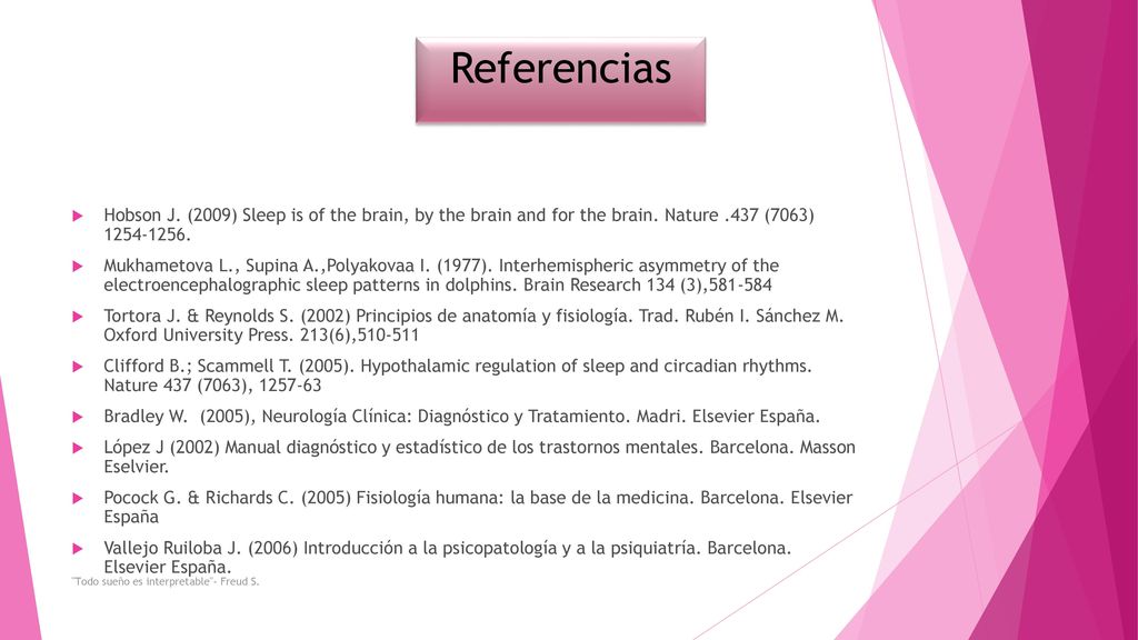 Referencias Hobson J. (2009) Sleep is of the brain, by the brain and for the brain. Nature .437 (7063)