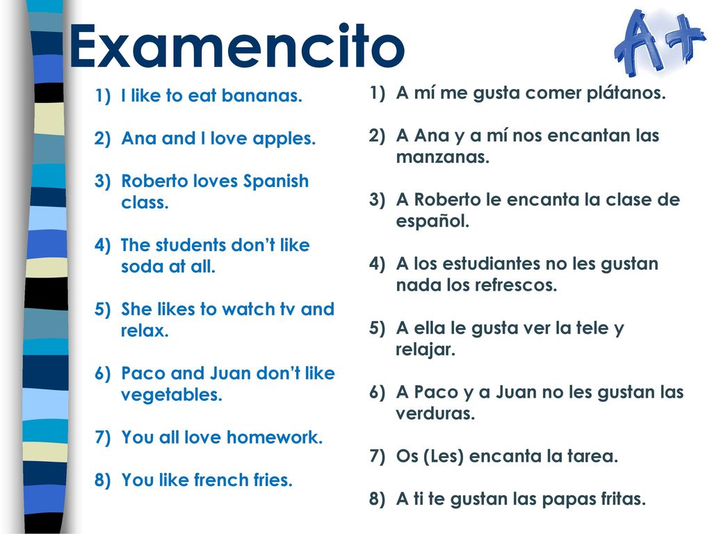 Examencito A mí me gusta comer plátanos. I like to eat bananas.