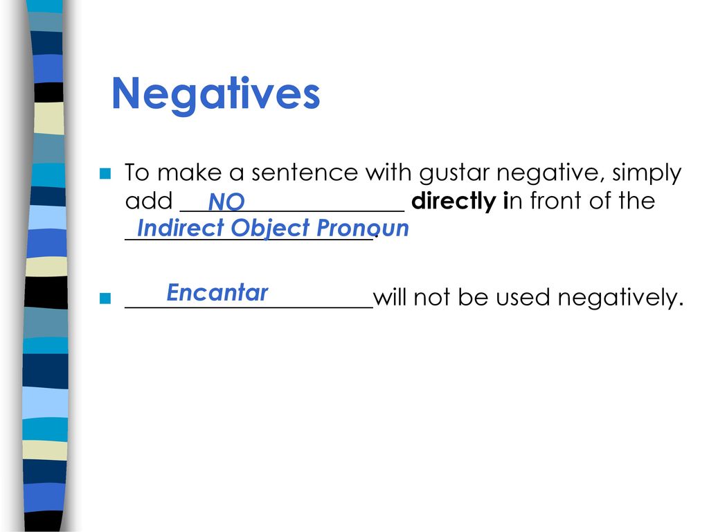 Negatives To make a sentence with gustar negative, simply add ___________________ directly in front of the _____________________.