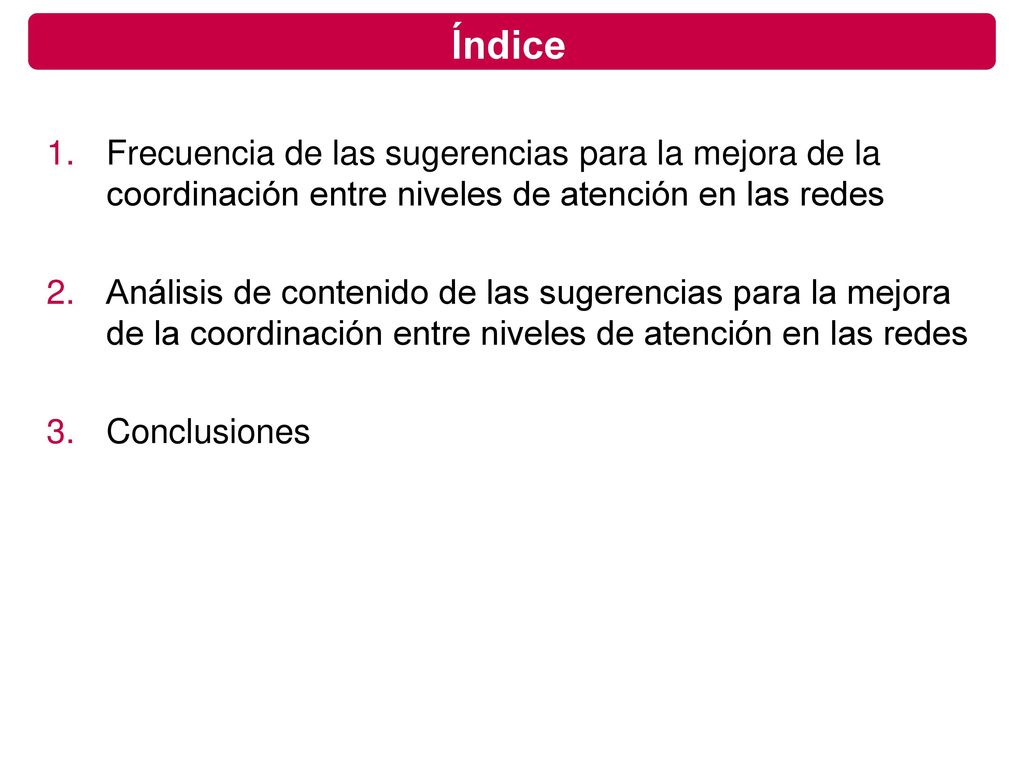 Índice Frecuencia de las sugerencias para la mejora de la coordinación entre niveles de atención en las redes.