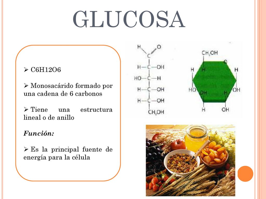 GLUCOSA C6H12O6 Monosacárido formado por una cadena de 6 carbonos