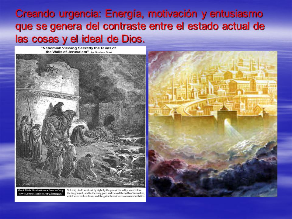 Creando urgencia: Energía, motivación y entusiasmo que se genera del contraste entre el estado actual de las cosas y el ideal de Dios.