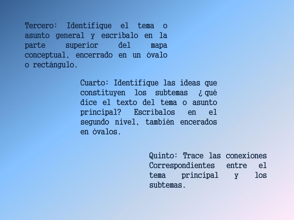Tercero: Identifique el tema o asunto general y escríbalo en la parte superior del mapa conceptual, encerrado en un óvalo o rectángulo.