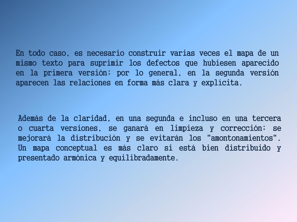 En todo caso, es necesario construir varias veces el mapa de un mismo texto para suprimir los defectos que hubiesen aparecido en la primera versión; por lo general, en la segunda versión aparecen las relaciones en forma más clara y explícita.