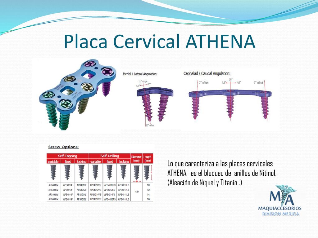 Placa Cervical ATHENA Lo que caracteriza a las placas cervicales ATHENA, es el bloqueo de anillos de Nitinol, (Aleación de Níquel y Titanio .)