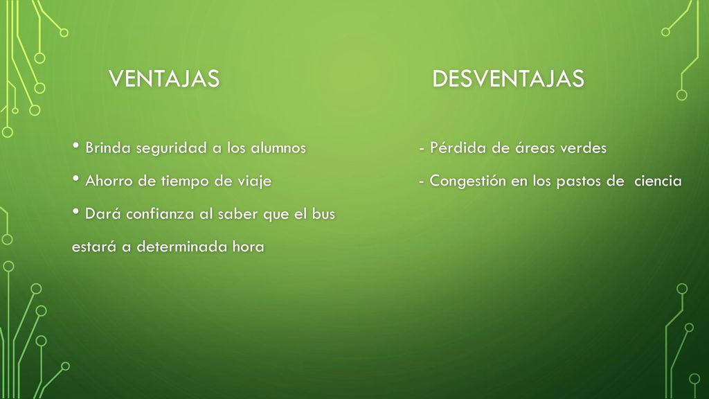 Ventajas Desventajas Brinda seguridad a los alumnos - Pérdida de áreas verdes.
