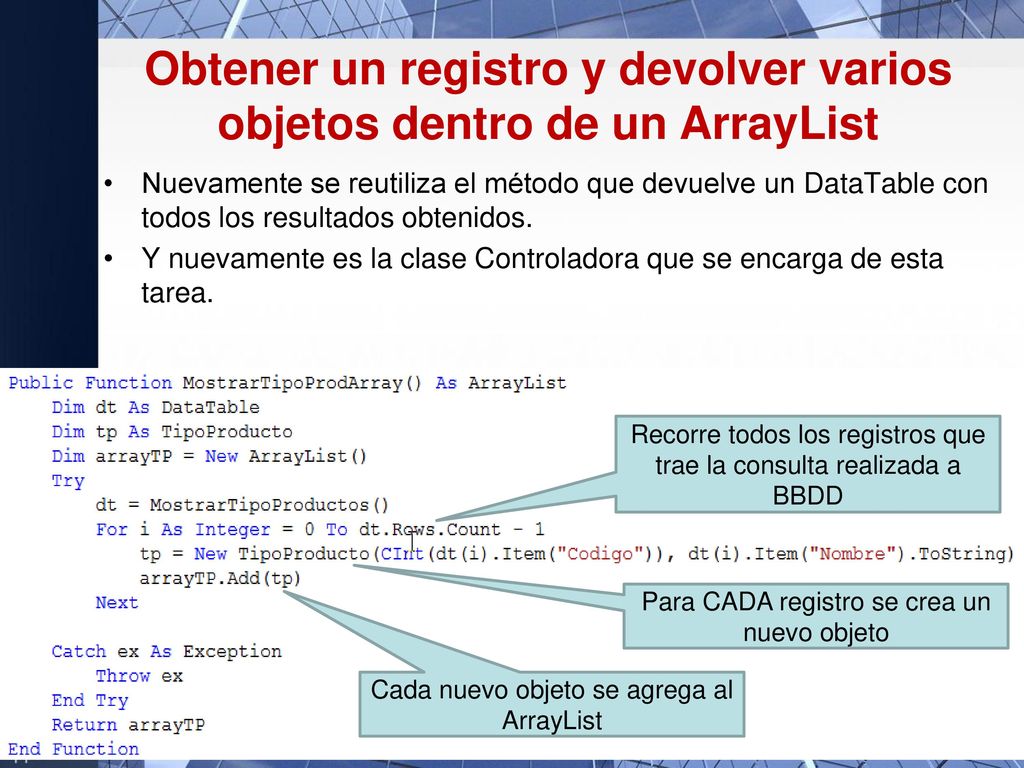 Obtener un registro y devolver varios objetos dentro de un ArrayList