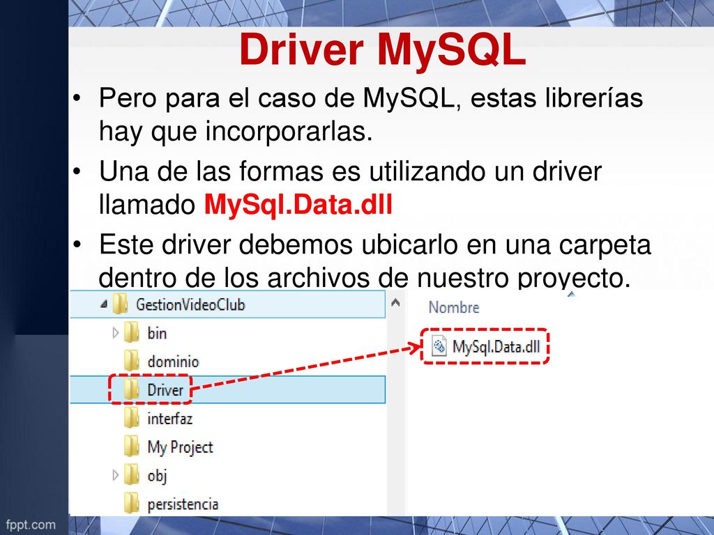 Driver MySQL Pero para el caso de MySQL, estas librerías hay que incorporarlas. Una de las formas es utilizando un driver llamado MySql.Data.dll.