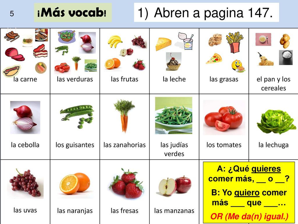 ¡Más vocab! Abren a pagina 147. A: ¿Qué quieres comer más, __ o __