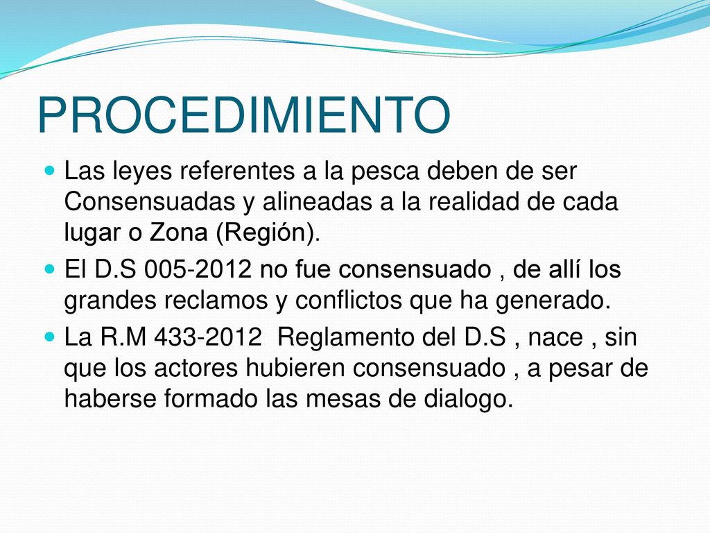 PROCEDIMIENTO Las leyes referentes a la pesca deben de ser Consensuadas y alineadas a la realidad de cada lugar o Zona (Región).