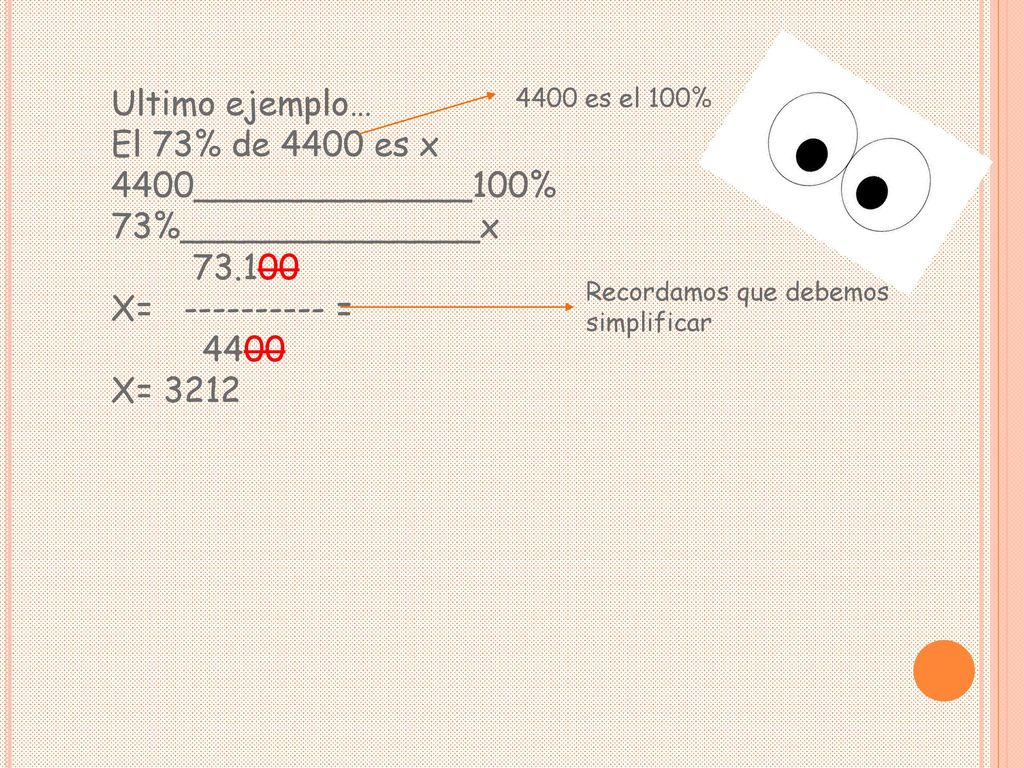 Ultimo ejemplo… El 73% de 4400 es x 4400_____________100%