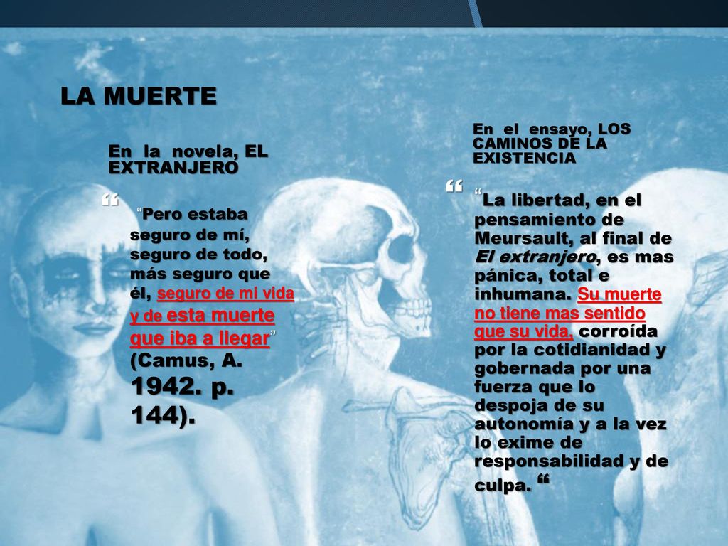 LA MUERTE En el ensayo, LOS CAMINOS DE LA EXISTENCIA. En la novela, EL EXTRANJERO.