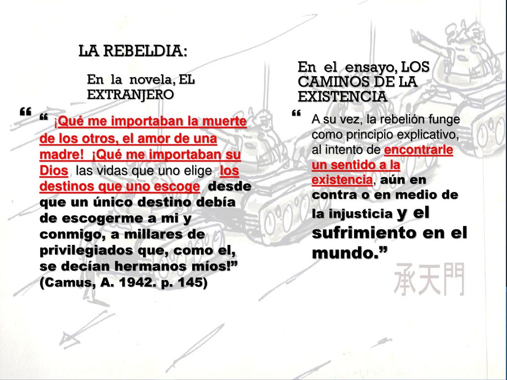 LA REBELDIA: En el ensayo, LOS CAMINOS DE LA EXISTENCIA. En la novela, EL EXTRANJERO.