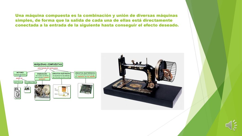 Una máquina compuesta es la combinación y unión de diversas máquinas simples, de forma que la salida de cada una de ellas está directamente conectada a la entrada de la siguiente hasta conseguir el efecto deseado.