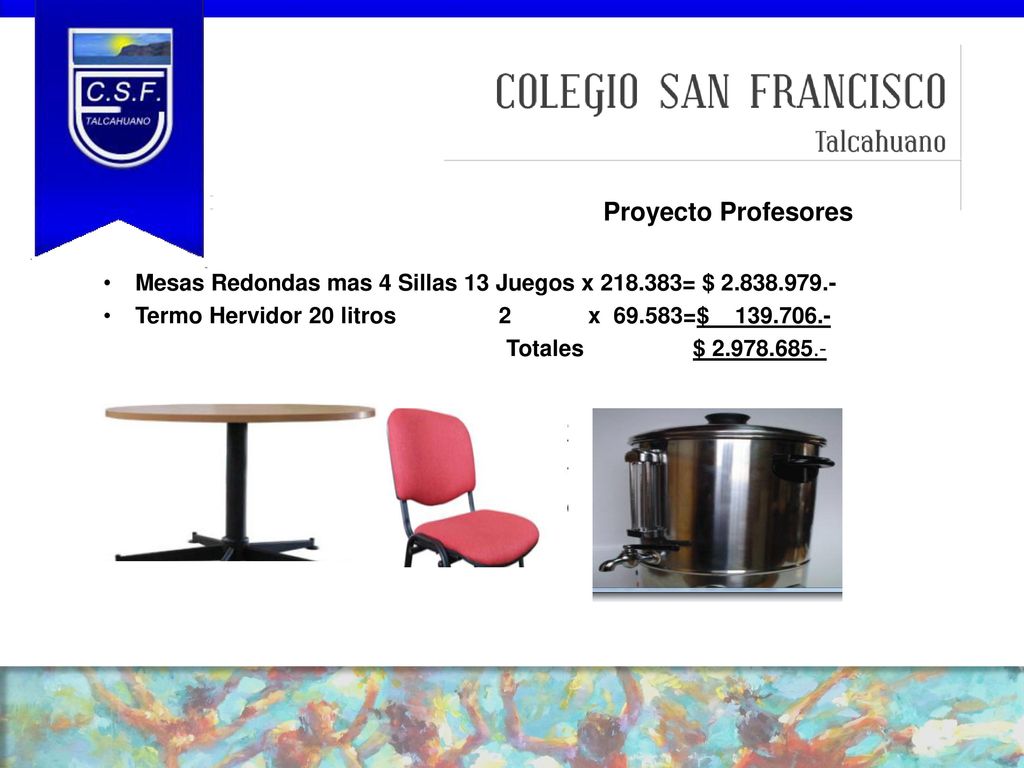 Proyecto Profesores Mesas Redondas mas 4 Sillas 13 Juegos x = $