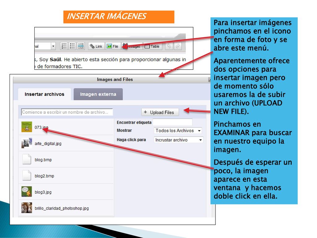 INSERTAR IMÁGENES Para insertar imágenes pinchamos en el icono en forma de foto y se abre este menú.