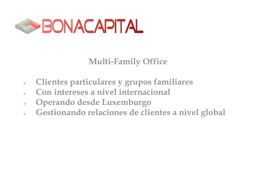 Multi-Family Office Clientes particulares y grupos familiares. Con intereses a nivel internacional.