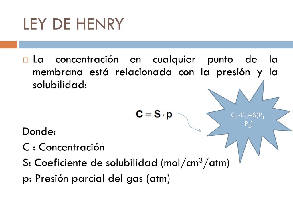 LEY DE HENRY La concentración en cualquier punto de la membrana está relacionada con la presión y la solubilidad: