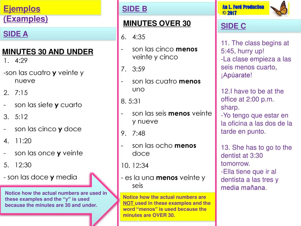 Ejemplos (Examples) SIDE B MINUTES OVER 30 SIDE C SIDE A