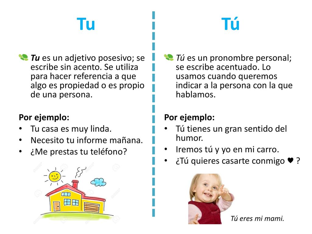 Tu Tú. Tu es un adjetivo posesivo; se escribe sin acento. Se utiliza para hacer referencia a que algo es propiedad o es propio de una persona.