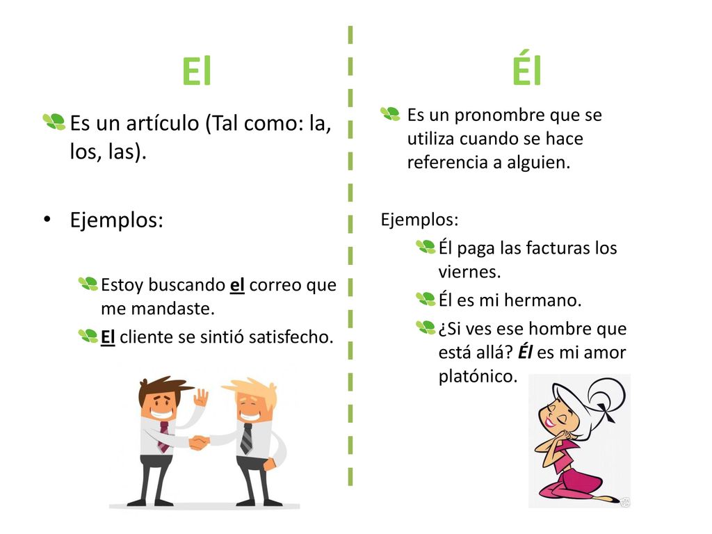 El Él Es un artículo (Tal como: la, los, las). Ejemplos: