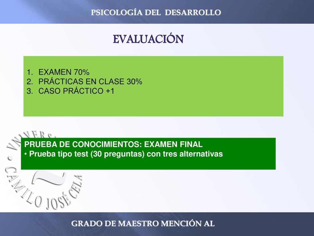 EVALUACIÓN PSICOLOGÍA DEL DESARROLLO EXAMEN 70% PRÁCTICAS EN CLASE 30%