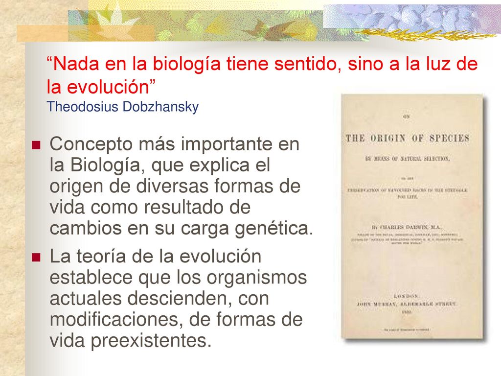 Nada en la biología tiene sentido, sino a la luz de la evolución Theodosius Dobzhansky