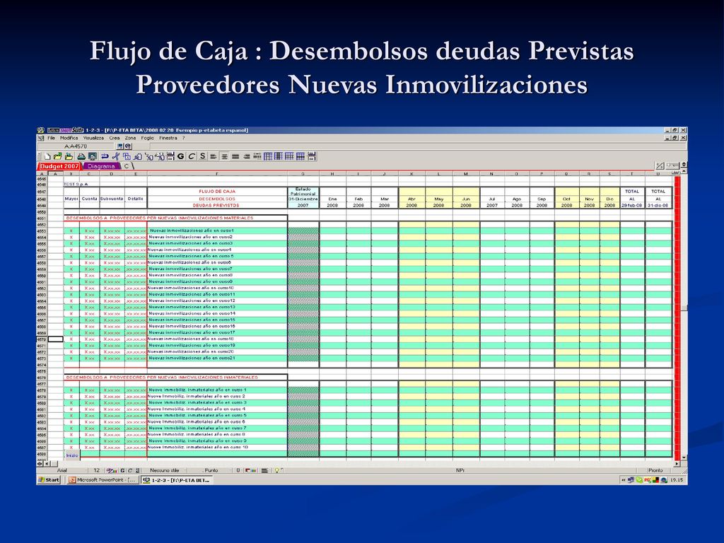 Flujo de Caja : Desembolsos deudas Previstas Proveedores Nuevas Inmovilizaciones