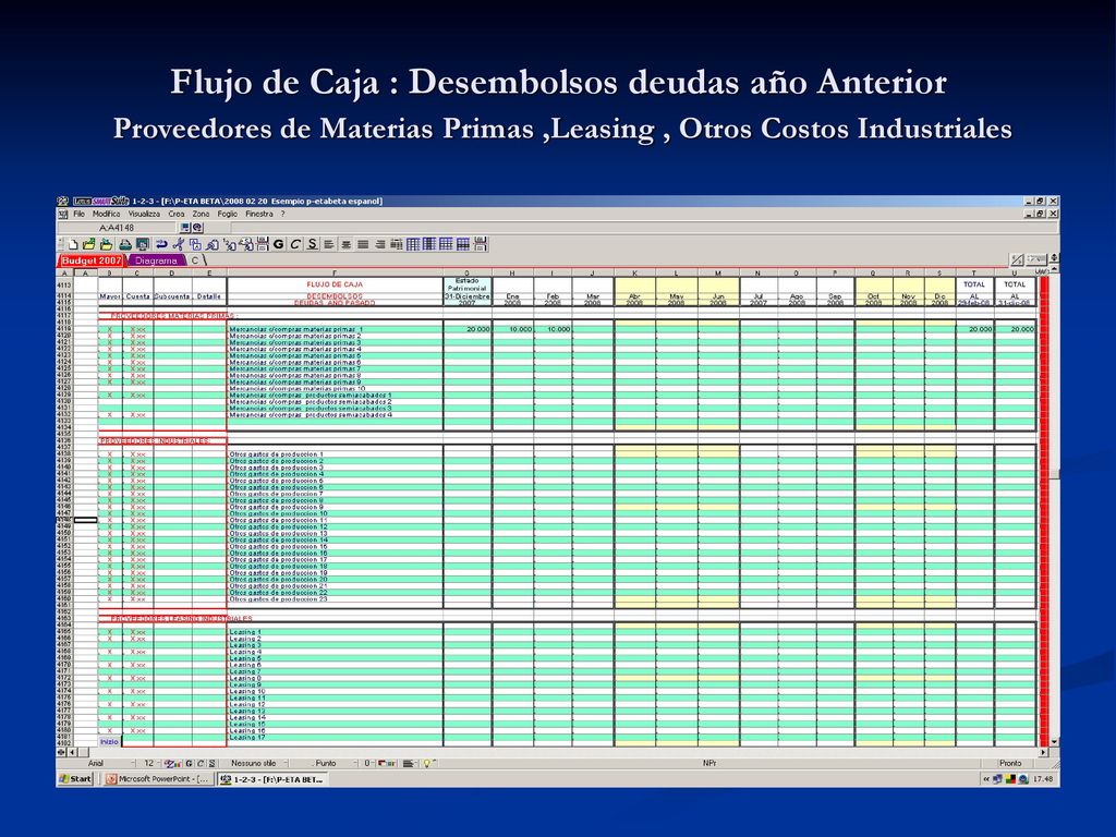 Flujo de Caja : Desembolsos deudas año Anterior Proveedores de Materias Primas ,Leasing , Otros Costos Industriales