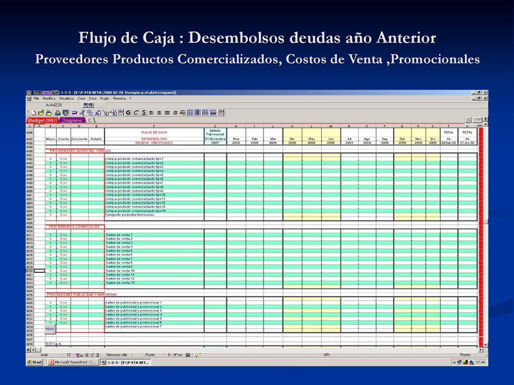 Flujo de Caja : Desembolsos deudas año Anterior Proveedores Productos Comercializados, Costos de Venta ,Promocionales