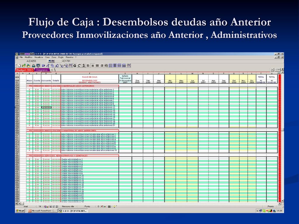Flujo de Caja : Desembolsos deudas año Anterior Proveedores Inmovilizaciones año Anterior , Administrativos