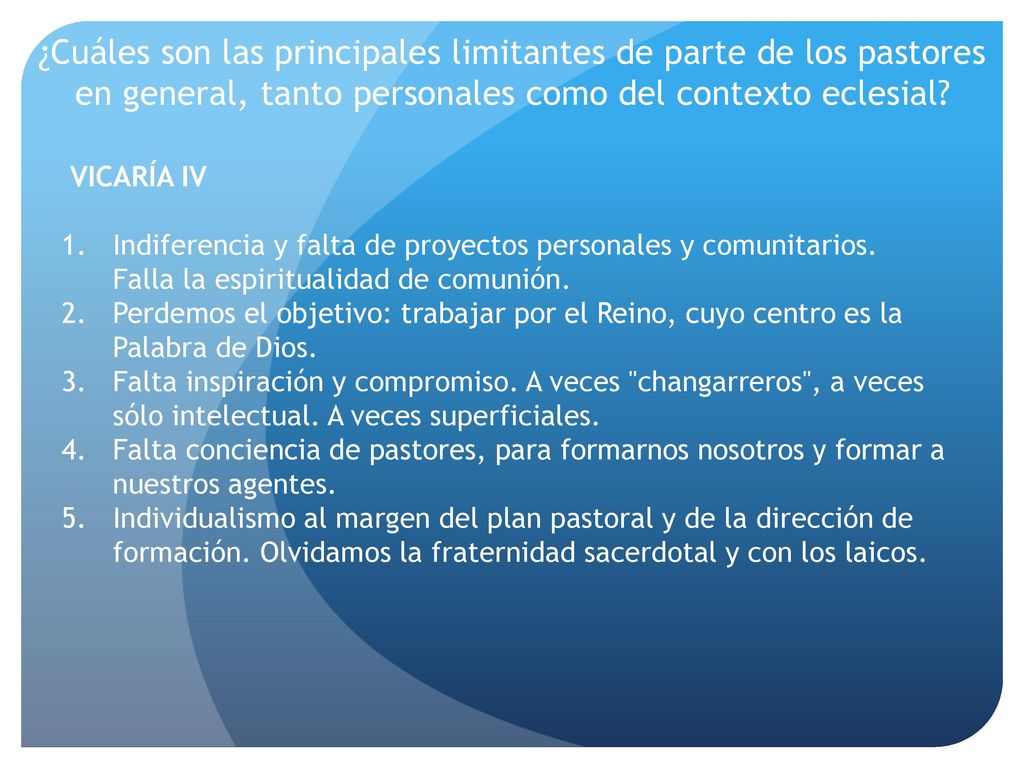 ¿Cuáles son las principales limitantes de parte de los pastores en general, tanto personales como del contexto eclesial