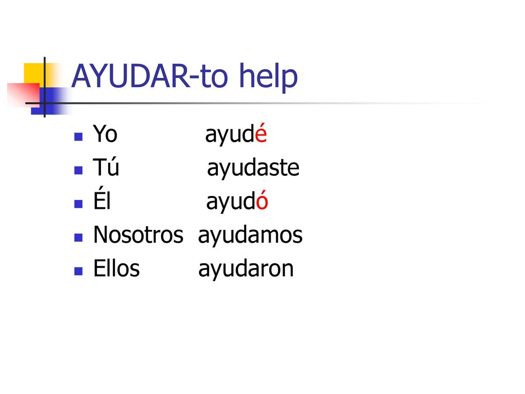 AYUDAR-to help Yo ayudé Tú ayudaste Él ayudó Nosotros ayudamos