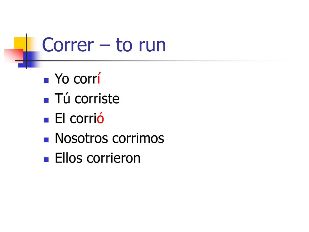 Correr – to run Yo corrí Tú corriste El corrió Nosotros corrimos