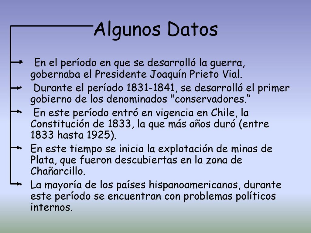 Algunos Datos En el período en que se desarrolló la guerra, gobernaba el Presidente Joaquín Prieto Vial.
