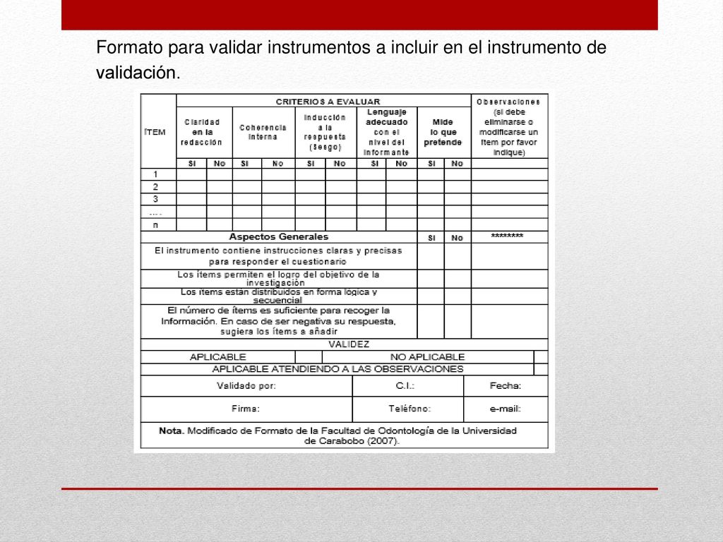 Formato para validar instrumentos a incluir en el instrumento de validación.