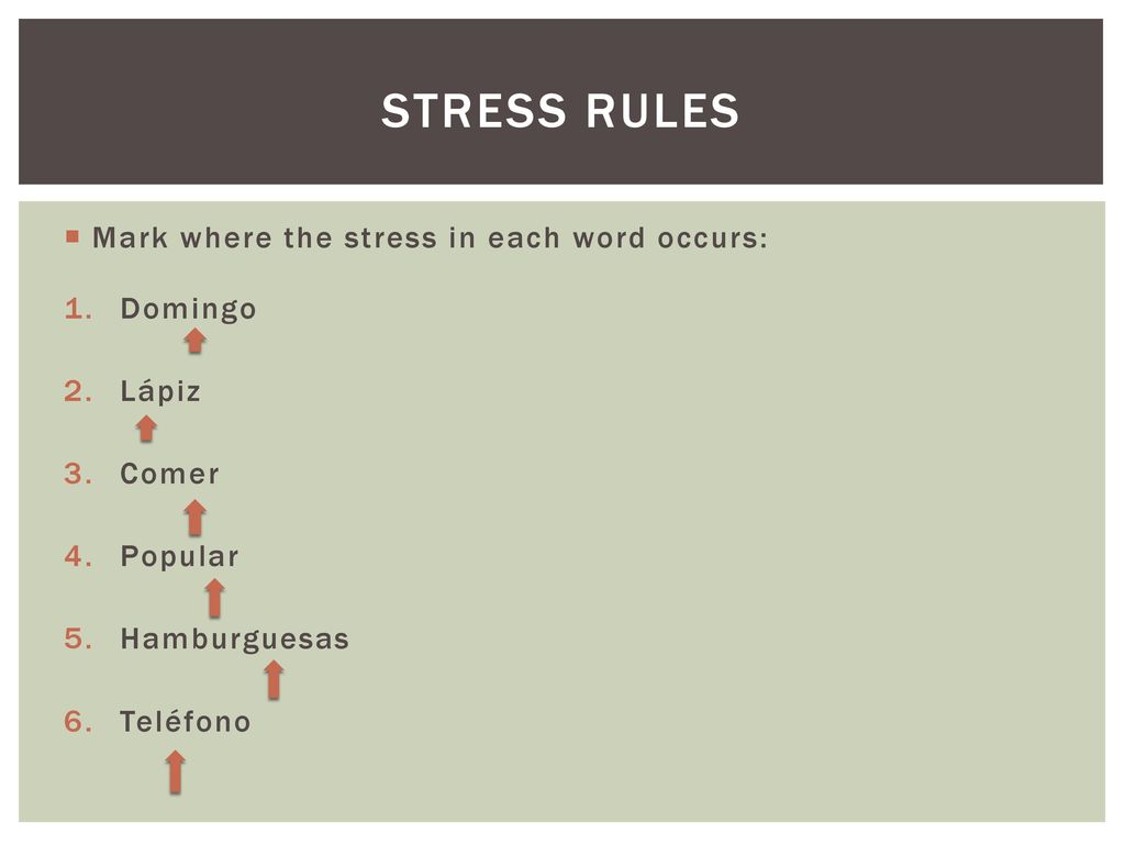 Stress rules Mark where the stress in each word occurs: Domingo Lápiz