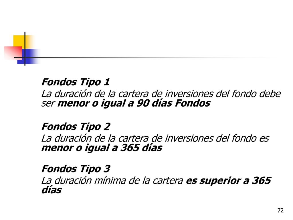 Fondos Tipo 1 La duración de la cartera de inversiones del fondo debe ser menor o igual a 90 días Fondos.