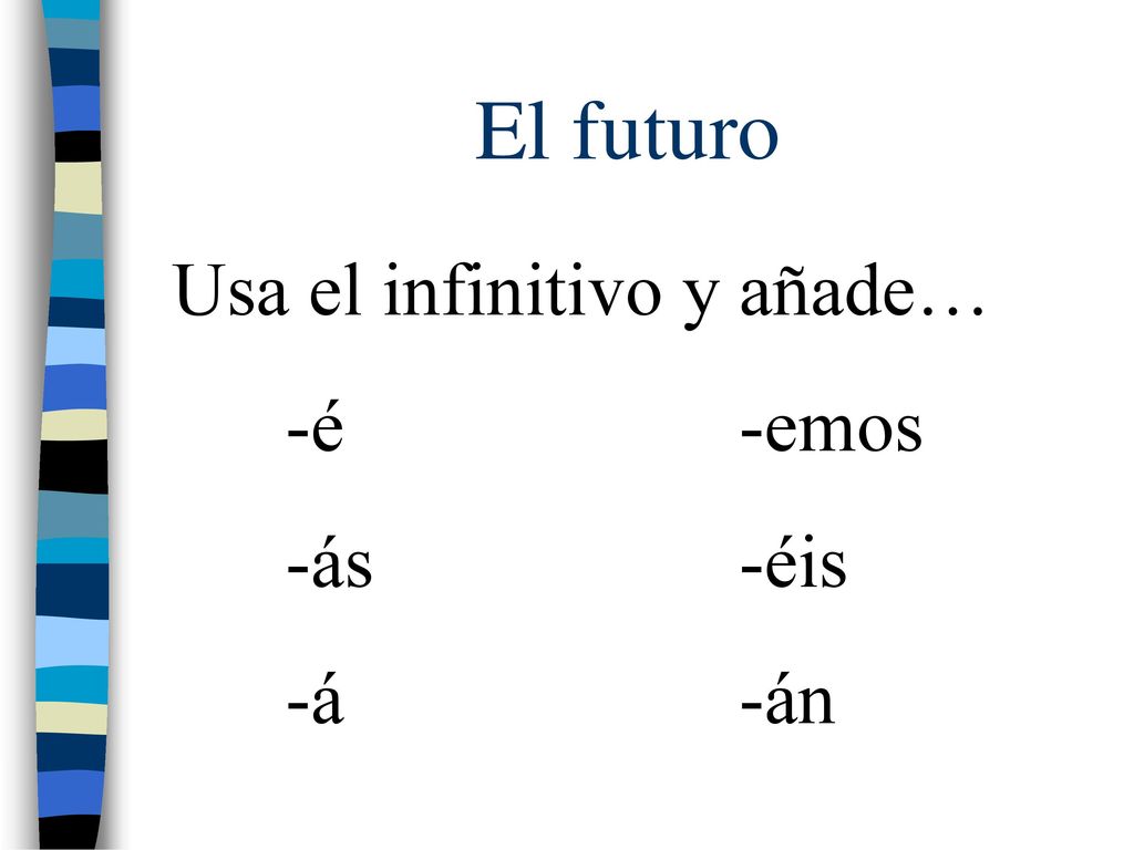 El futuro Usa el infinitivo y añade… -é -emos -ás -éis -á -án