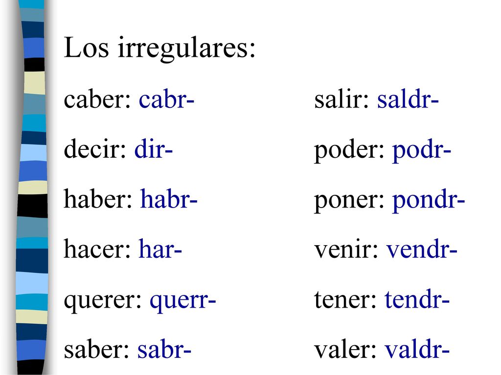 Los irregulares: caber: cabr- salir: saldr- decir: dir- poder: podr-