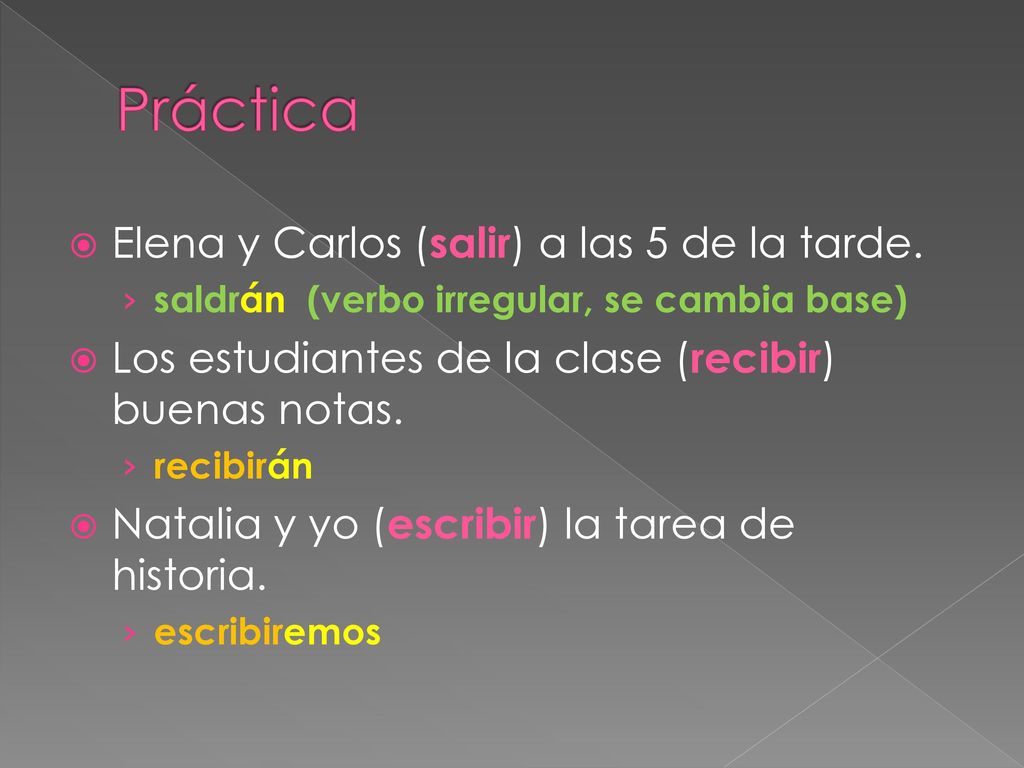 Práctica Elena y Carlos (salir) a las 5 de la tarde.